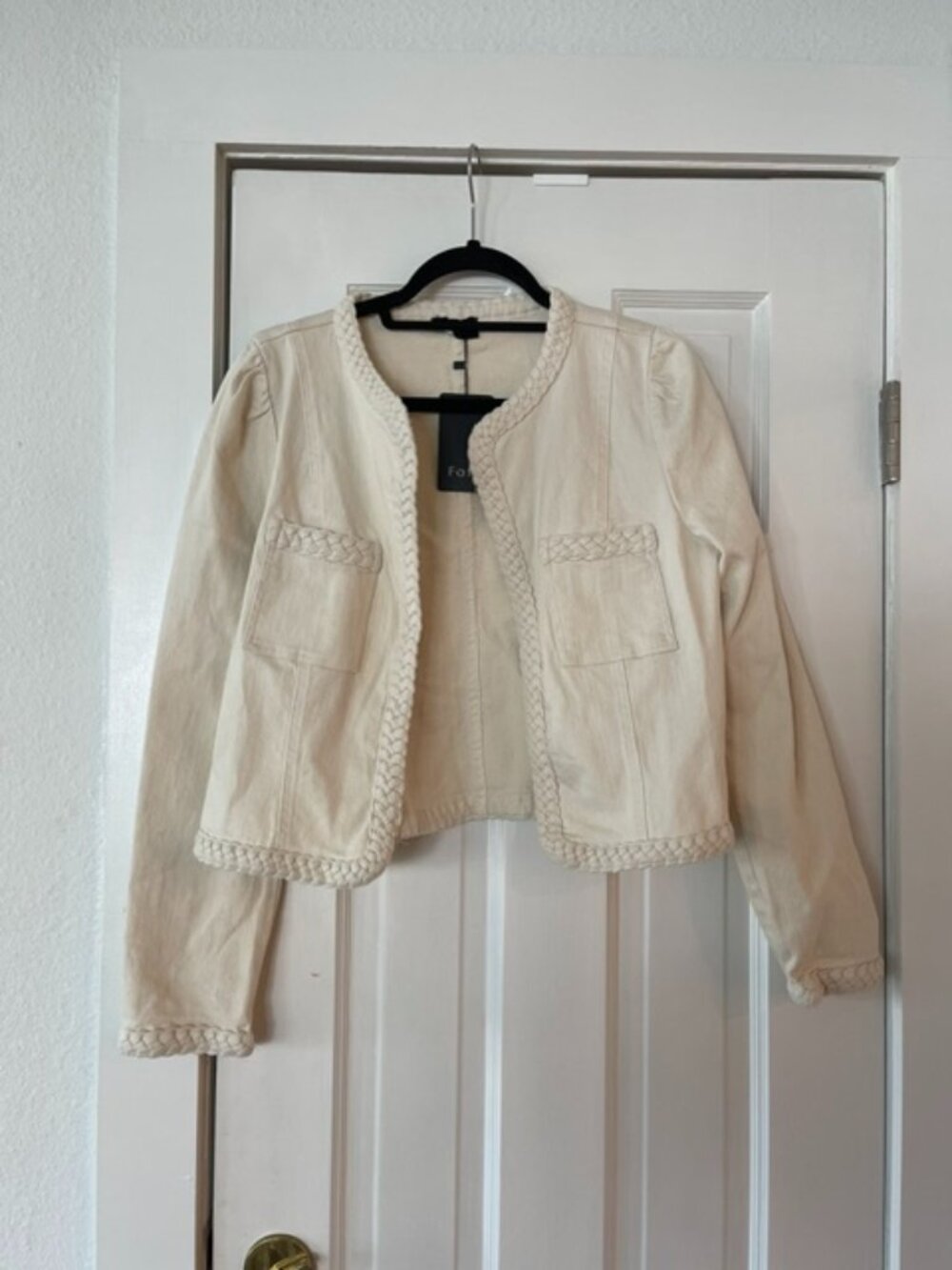 Fate Cream Ivory Denim Braided Trim Open Front Lady Jacket Crop Blazer - S NWT